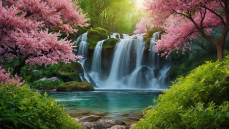 Cherry blossom and waterfall in spring season,nature background.の写真素材