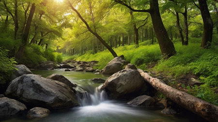 Waterfall in the green forest. Panoramic view of the river in the forest.の写真素材