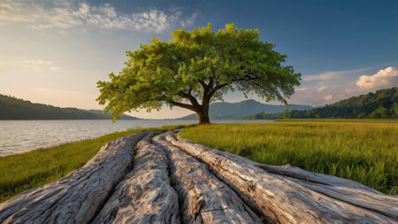 Lonely tree on the meadow in the morning, Thailandの写真素材