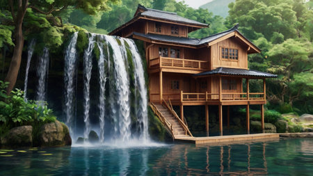 3d rendering of a wooden house and a waterfall in the backgroundの写真素材