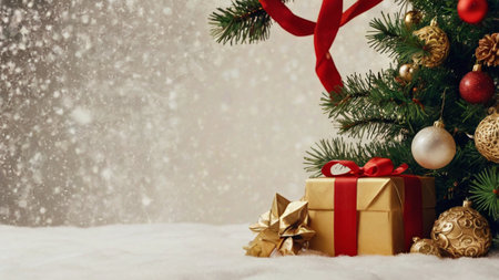 Christmas tree with gift box and decorations on snow background with copy space