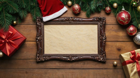 Christmas background with wooden frame, gift boxes and christmas tree branchesの写真素材