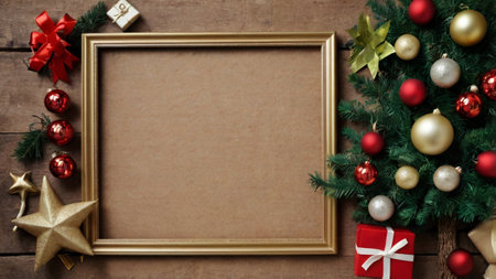 Christmas background with copy space. Top view of christmas decoration on wooden background.の写真素材