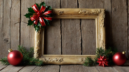 Christmas decoration with vintage photo frame on wooden background. Christmas greeting card.の写真素材