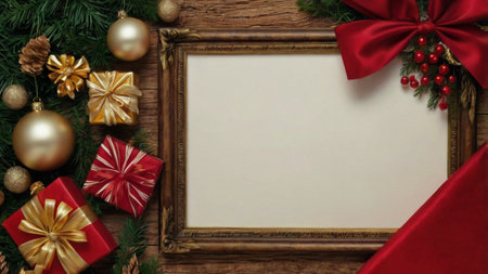 Christmas greeting card with copy space on wooden background. Top view.