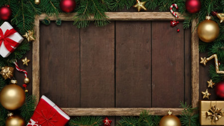 Christmas background with copy space. Top view of wooden frame with christmas decorations and gift boxes.の写真素材