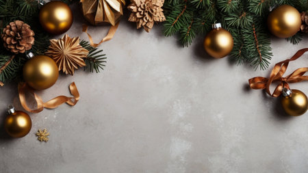 Christmas greeting card. Festive decoration on stone background. New Year concept. Copy space.  Flat lay. Top view.の写真素材