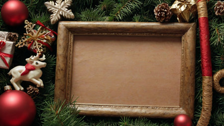 Christmas background with fir branches, christmas decorations and wooden frame.
