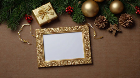 Christmas background with fir branches, golden frame, gift box and decorationsの写真素材