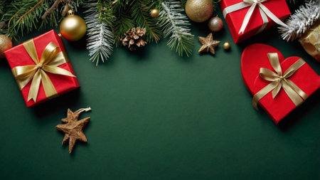 Christmas background with fir branches, gift boxes and decorations on green background