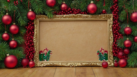Christmas background with fir branches, red balls and empty frame on wooden floor