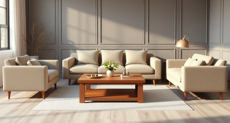 Modern bright interiors 3D rendering illustration. Living room with sofas