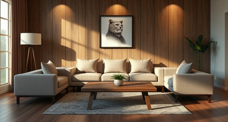 Interior of modern living room with wooden wall, 3d render
