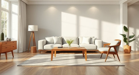 Modern bright interiors 3D rendering illustration. Living room with white sofa