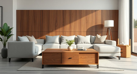 Modern bright interiors 3D rendering illustration. Living room computer generated image