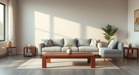 interior with sofa and coffee table 3d render illustration mock up