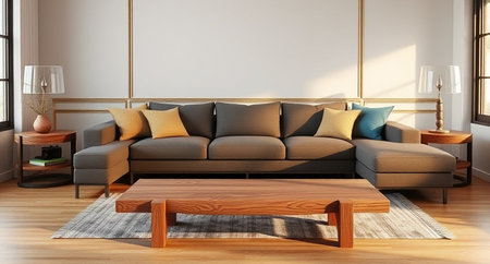 Interior of modern living room with brown sofa 3d render illustrationの写真素材