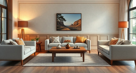 Modern bright interiors 3D rendering illustration. Living room with sofas