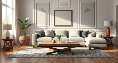Living room interior with sofa, coffee table and plants - 3d rendering