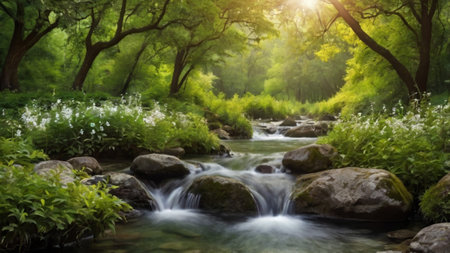 Beautiful river in the green forest. Landscape with a waterfallの写真素材