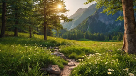 Sunset in the mountains. Panoramic view of the forest and meadow.