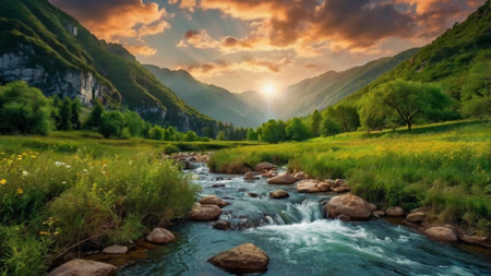 Panoramic view of the mountain river at sunset. Mountain landscape with a small riverの写真素材