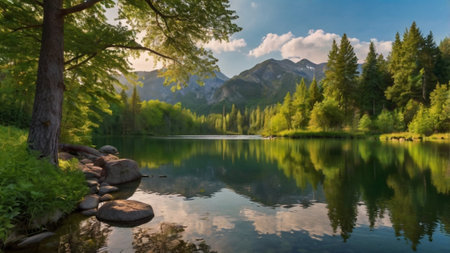 panoramic view of the lake in the mountains in the summer