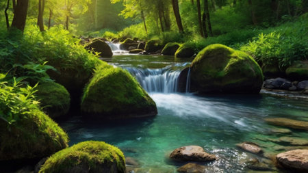 Mountain stream in the green forest. Beautiful landscape with a waterfall.の写真素材