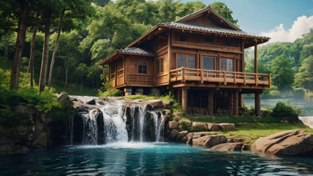 3D rendering of a wooden house and a waterfall in the forestの写真素材