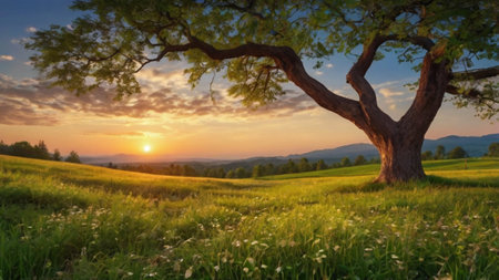 Beautiful sunset in the mountains. Summer landscape with a tree.