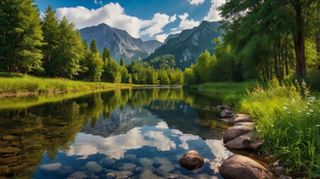 Panoramic view of a mountain lake in the Austrian Alps.の写真素材