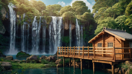 Waterfall in the forest with wooden house in the middle of the lake.の写真素材