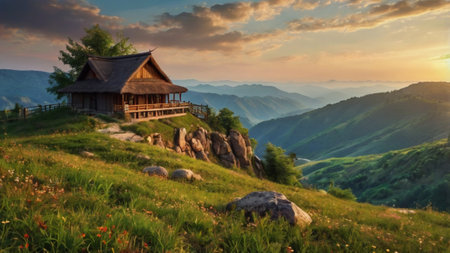 Beautiful mountain landscape with a wooden house on the hillside.の写真素材