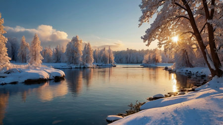 Beautiful winter landscape with snow covered trees and river at sunset.の写真素材