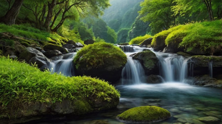 Mountain stream in the green forest. Beautiful nature landscape with a waterfall.の写真素材