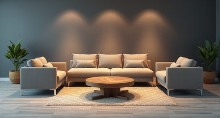 Modern bright interiors 3D rendering illustration. Living room with sofaの写真素材