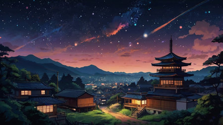 Beautiful japanese village in the night with starry skyの写真素材