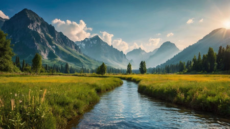 Panoramic view of a mountain river in the Tatra mountainsの写真素材