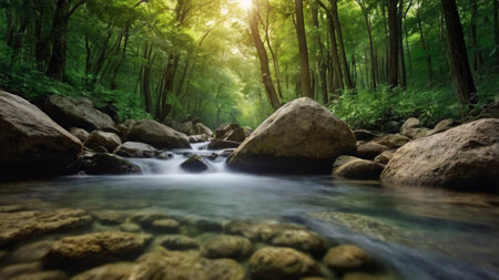 Mountain river flowing through the green forest in the morning. Nature backgroundの写真素材
