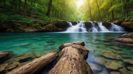 Waterfall in deep forest at Erawan National Park, Kanchanaburi, Thailandの写真素材