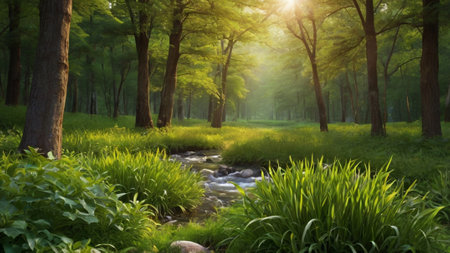 Morning in the forest. Nature landscape with green grass, trees and sunlight.