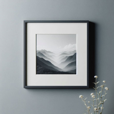 Design concept - black picture frame mockup hanging on grey wall, 3d renderの写真素材
