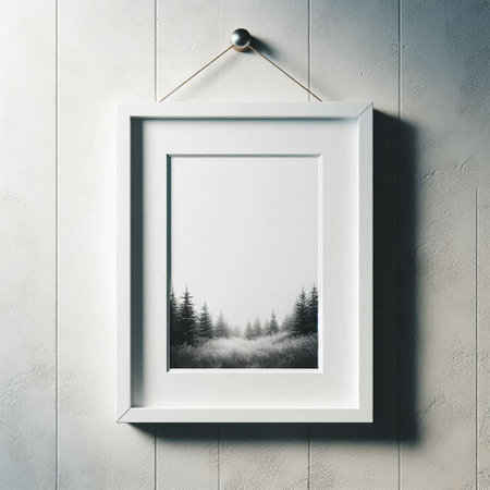White picture frame hanging on the wall. 3d rendering mock upの写真素材