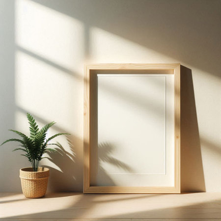 Wooden frame mockup with plant in pot. 3D renderingの写真素材