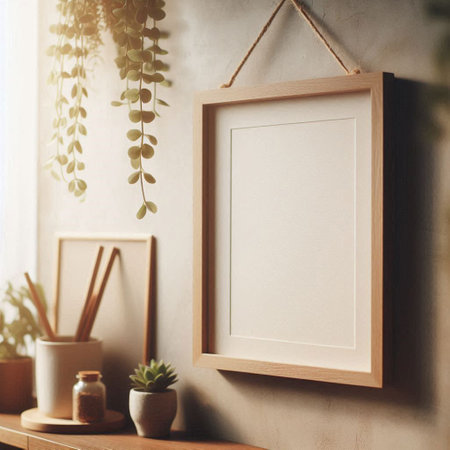 Blank picture frame mockup hanging on wall in modern living room interior with plants and...