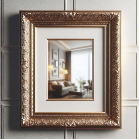Modern interior with golden picture frame. Mock up, 3D Rendering