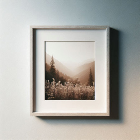 A picture of a pine forest in a frame on the wall.の写真素材