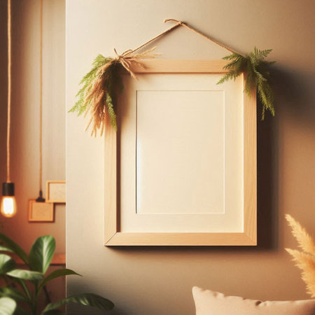 Blank frame hanging on wall in room. Mockup for design