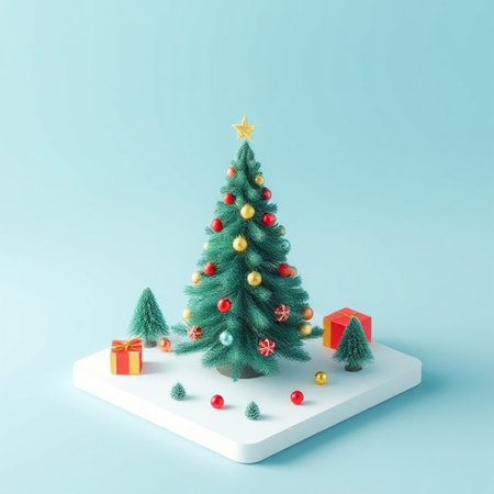 Christmas tree with presents on blue background. Minimal concept. 3D Renderingの写真素材