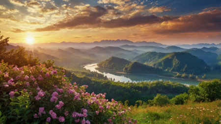 Beautiful summer landscape with a lake in the mountains at sunset.